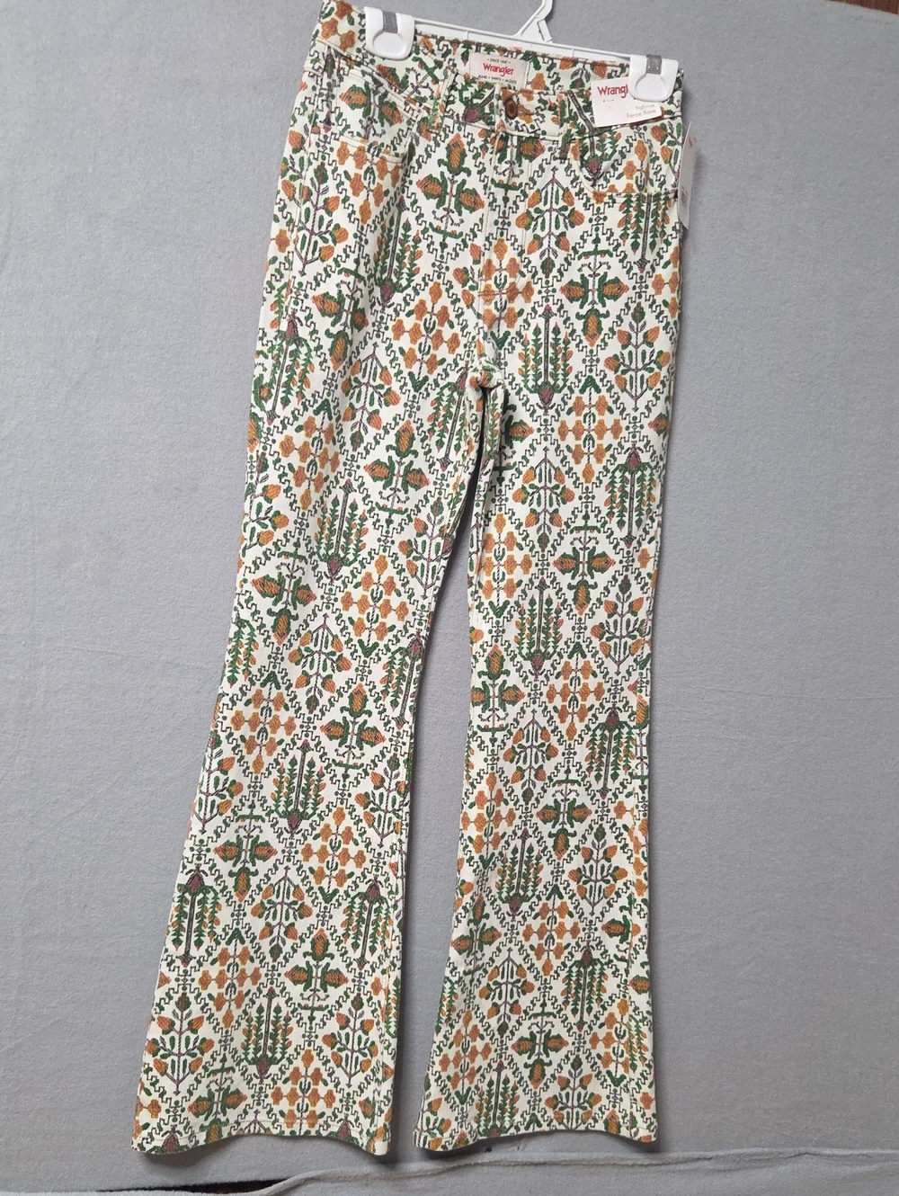 Wrangler Women's High Rise Fierce Flare Jeans, White and Green Patterned 26x32